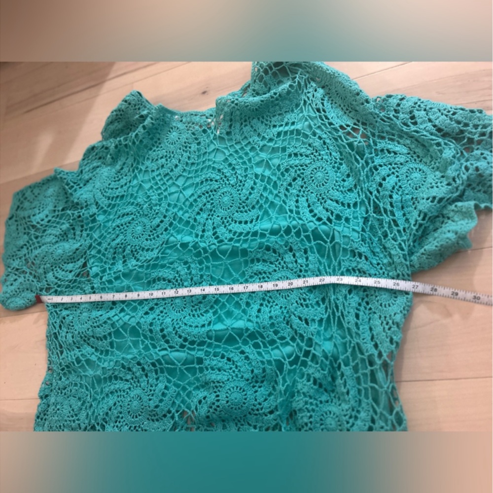 Roaman's 3X Relaxed Pullover Crochet Top And Tank Minty Teal Medallion Cotton - Picture 4 of 10